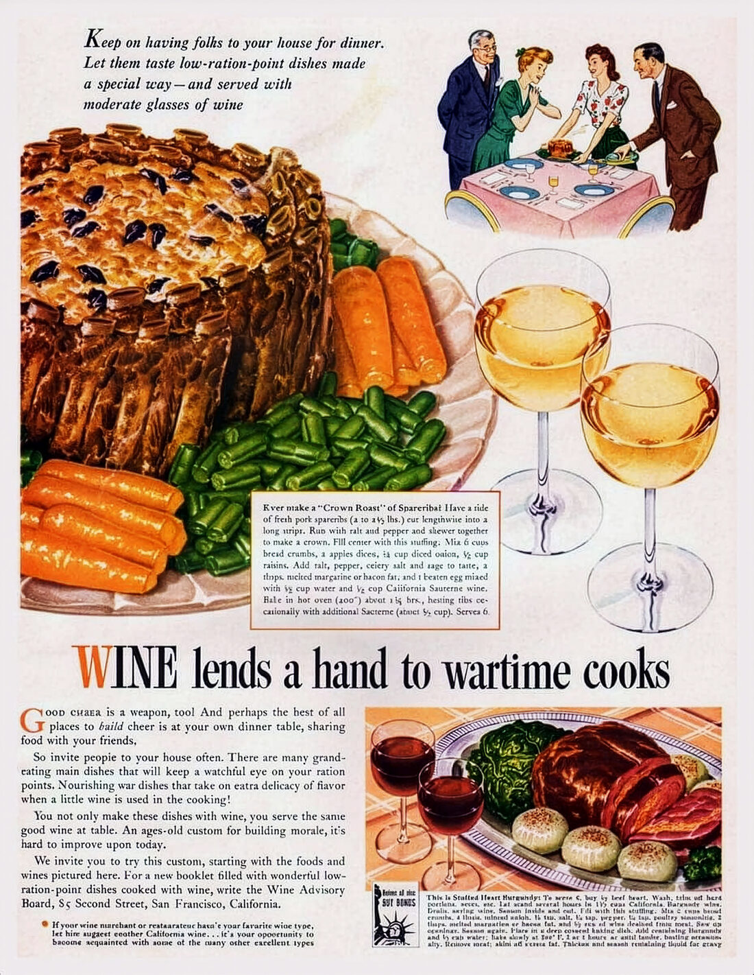 1943 Wine Advisory Board advertisement: Wine lends a hand to wartime cooks
